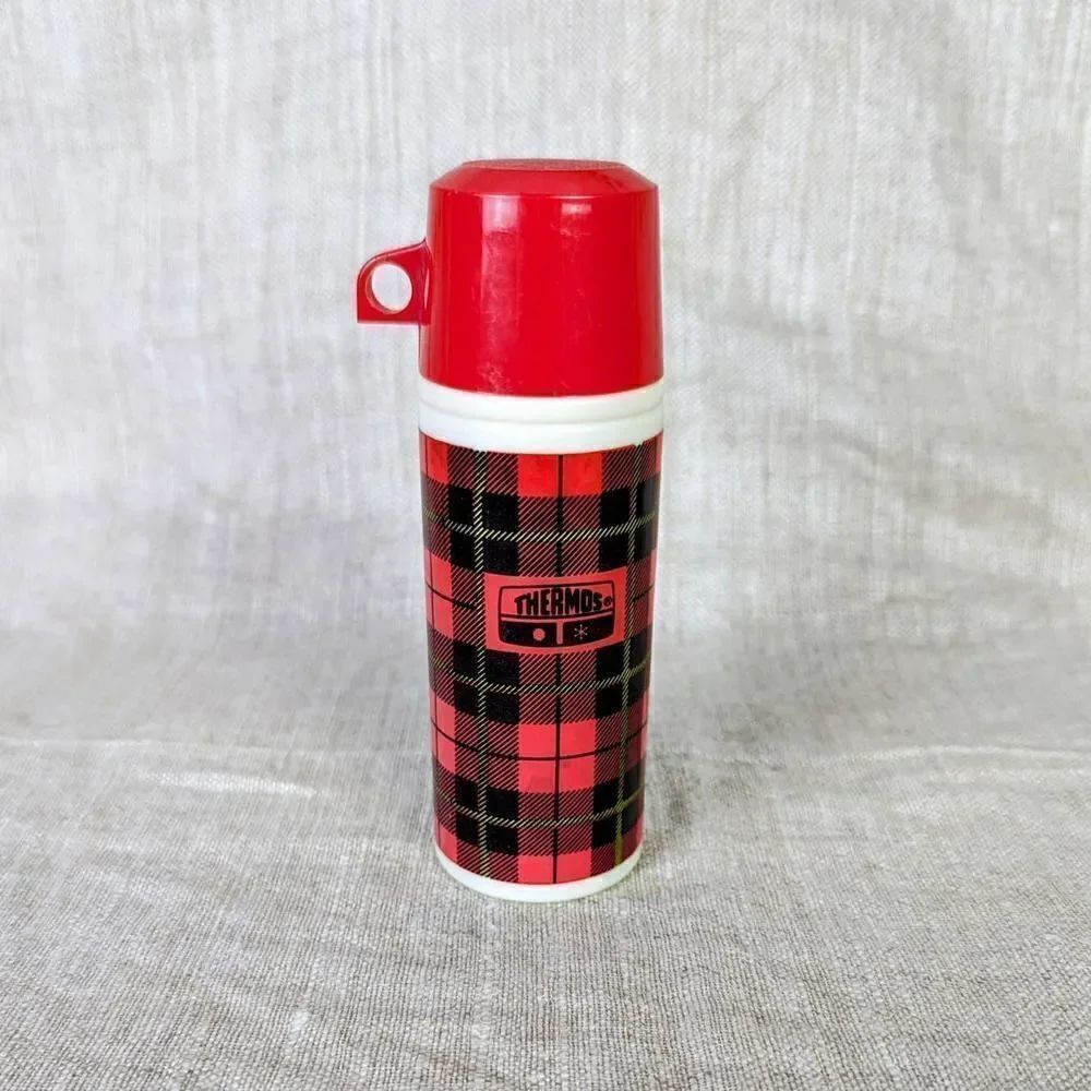 1970s Avon Thermos Red Plaid Glass Wild Country After Shave EMPTY